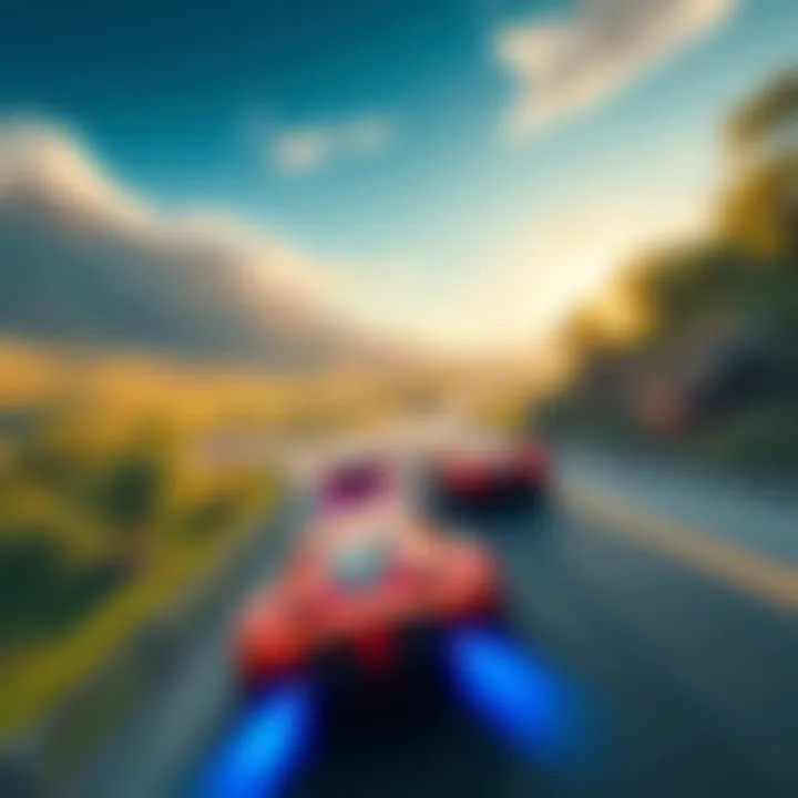 PlayStation Racing Game Concept Art A digital artwork showcasing a vibrant open-world racing scene featuring various cars on a winding road surrounded by lush landscapes, highlighting the potential for a PlayStation racing game.