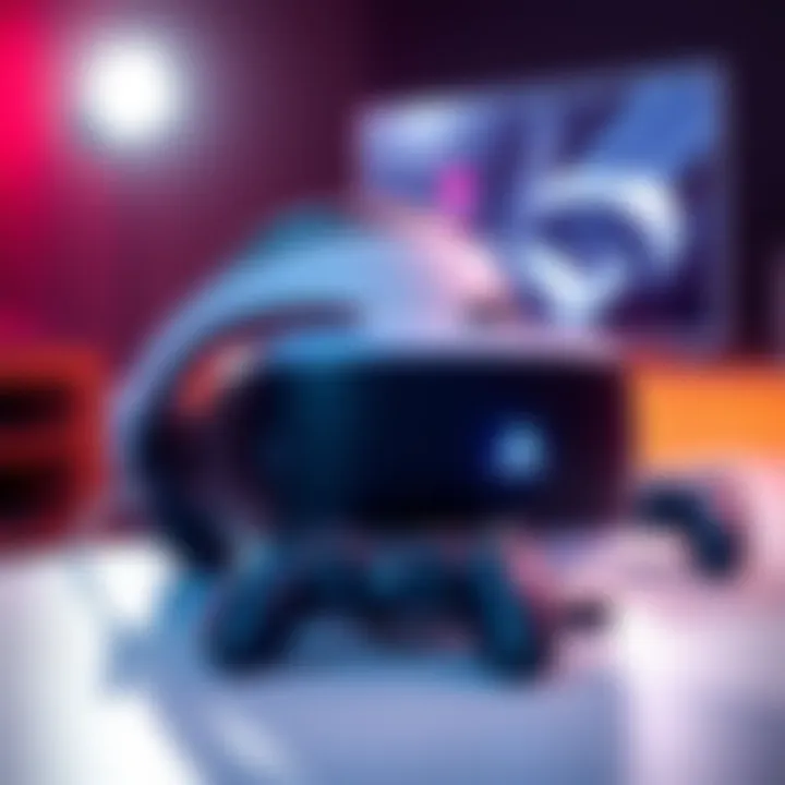 A PlayStation VR2 headset placed on a table with a gaming controller beside it, showcasing the device ready for gaming.