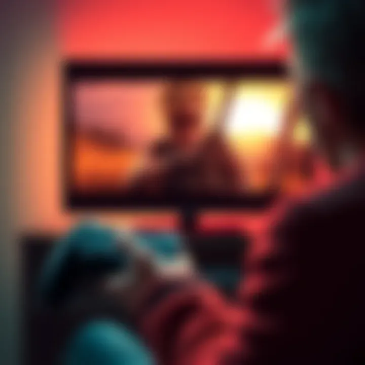 A gamer watches a Metal Gear Solid 4 playthrough on a screen with a controller in hand.