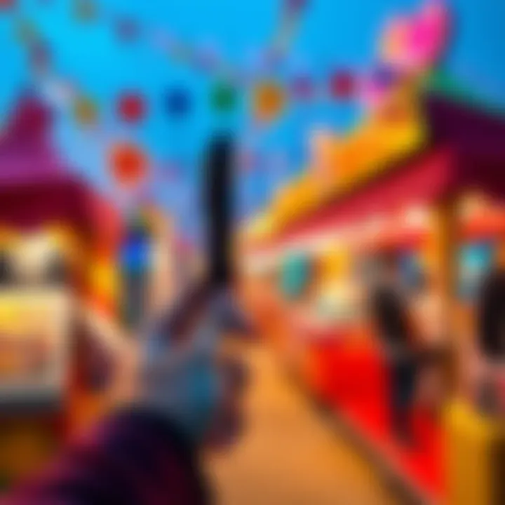 A person holding a newly bought pocket knife at a birthday fair with colorful decorations in the background