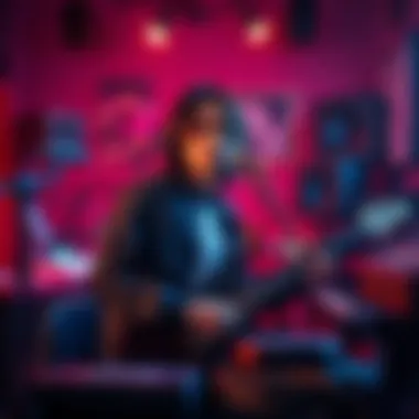 Poe in a studio setting, working on new music for the Resonant project, with instruments around and a focused expression.