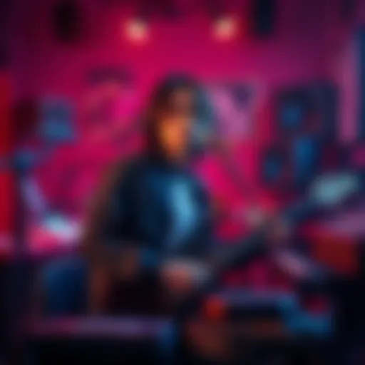 Poe in a studio setting, working on new music for the Resonant project, with instruments around and a focused expression.