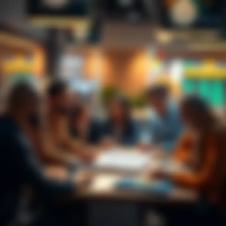 Point Accumulation Strategies A group of people discussing strategies to earn points in a user community, with charts and notes on the table.