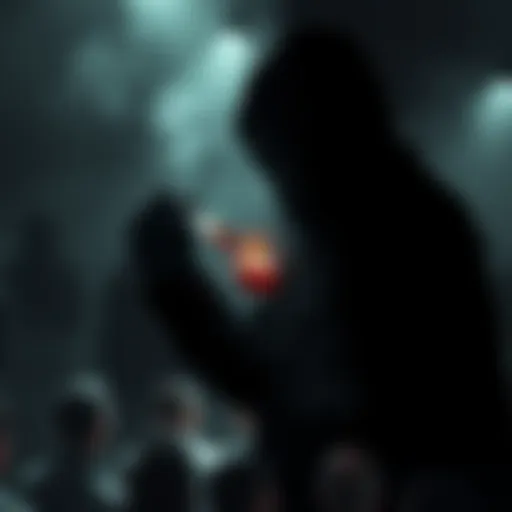 A figure cloaked in shadow, holding a vial, surrounded by people in a dimly lit room, suggesting manipulation and power dynamics.