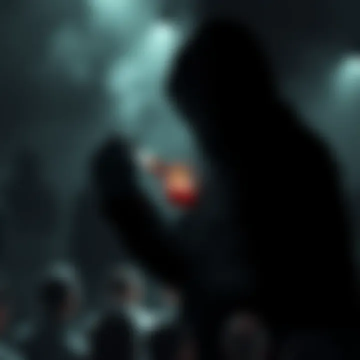 A figure cloaked in shadow, holding a vial, surrounded by people in a dimly lit room, suggesting manipulation and power dynamics.