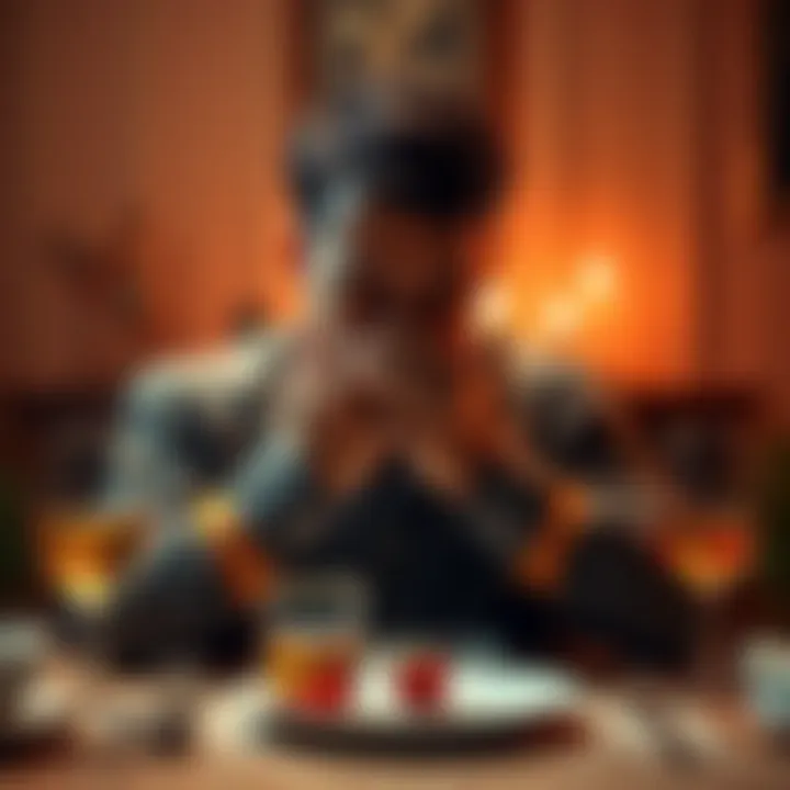 A visual of a person choking at a dining table, with a glass and a plate suggesting a meal that could be laced with poison.
