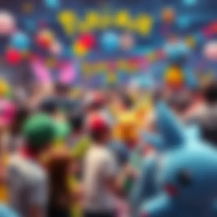 A vibrant gathering of Pokémon fans sharing their favorite moments and experiences, surrounded by various Pokémon characters and colorful decorations.