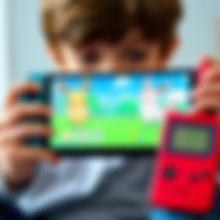 Pokémon Game Comparison for Kids A young child playing Pokémon Let's Go Eevee on a Nintendo Switch, with Pokémon characters displayed on the screen alongside Pokémon FireRed on a Game Boy Advance.