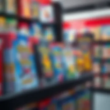 Physical Pokรฉmon Game Purchases A collection of physical Pokรฉmon games displayed on a shelf with a blurred game store background.