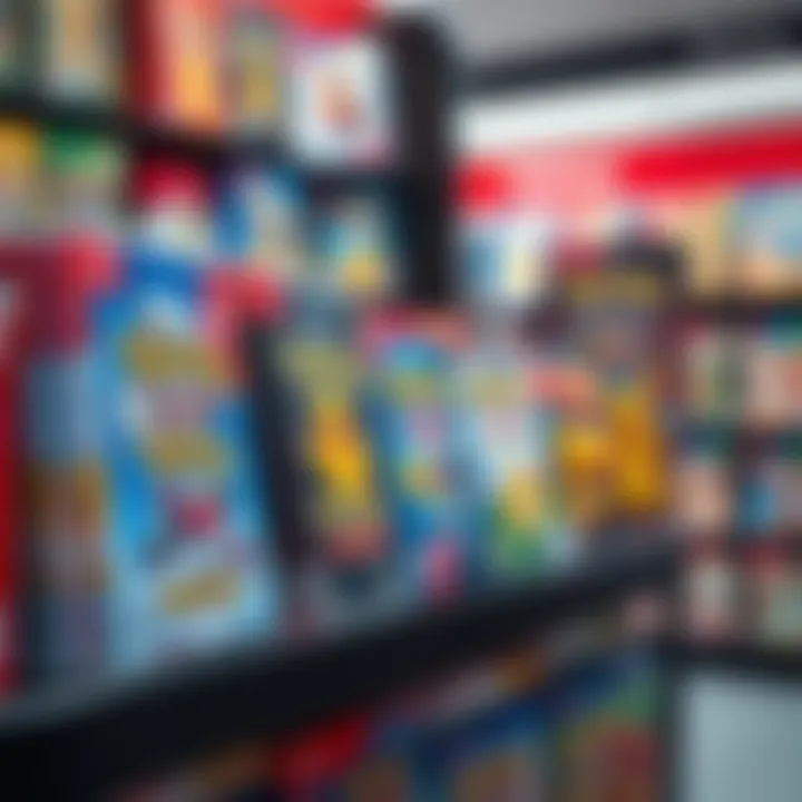Physical Pokรฉmon Game Purchases A collection of physical Pokรฉmon games displayed on a shelf with a blurred game store background.