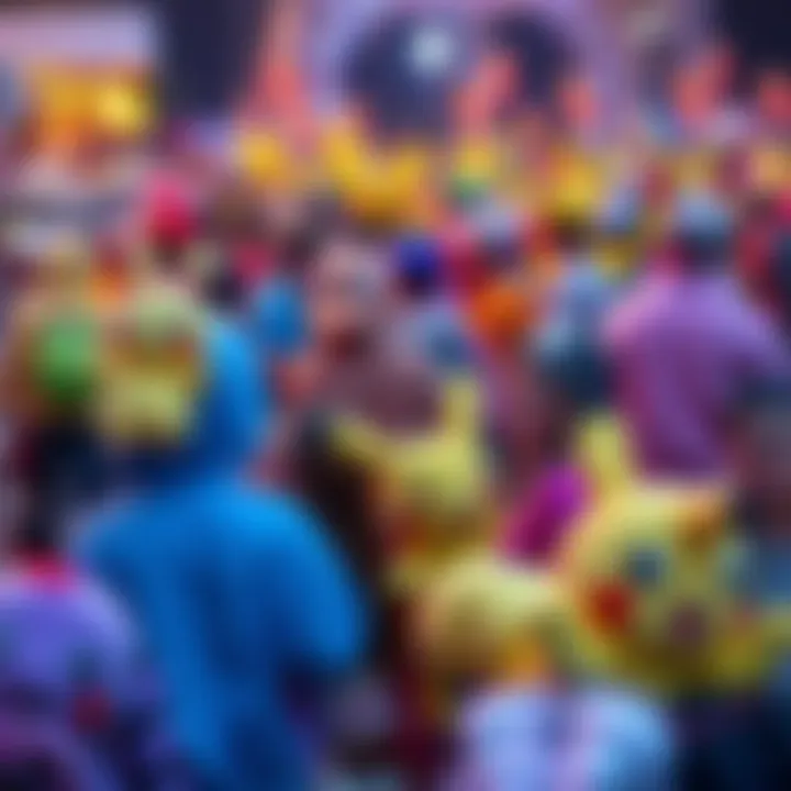 A vibrant scene of people wearing Pokémon costumes at a community event, holding Pokémon merchandise and interacting excitedly.