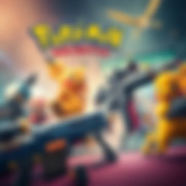 A colorful scene depicting Pokémon characters in a playful gunfight with themed weapons and vibrant backgrounds