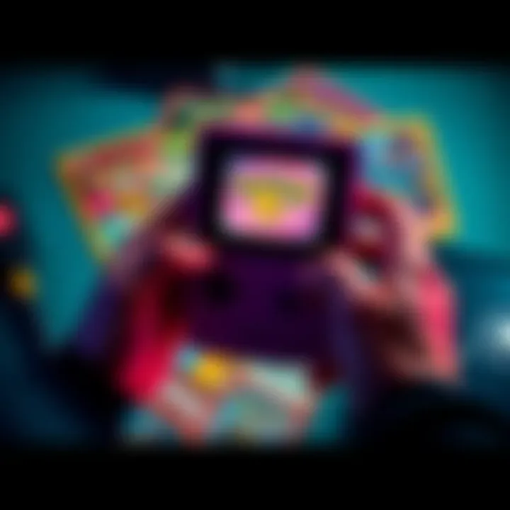 A player holding a Game Boy Color while playing Pokémon Trading Card Game, showing colorful cards and screen.