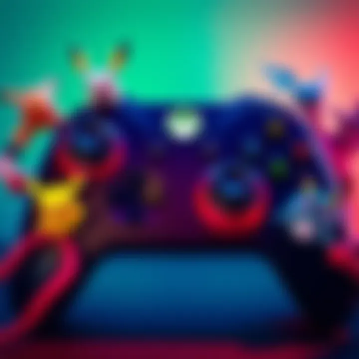 A colorful Xbox controller with Pokémon characters displayed around it, showcasing family gaming fun.