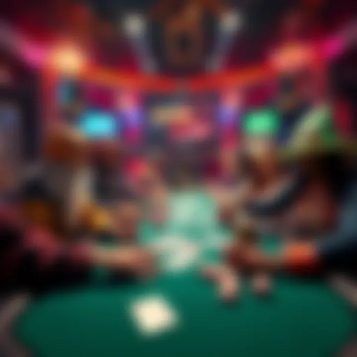 Players engaging in a poker game with unique characters at a virtual table, filled with chips and cards, showcasing a lively atmosphere.