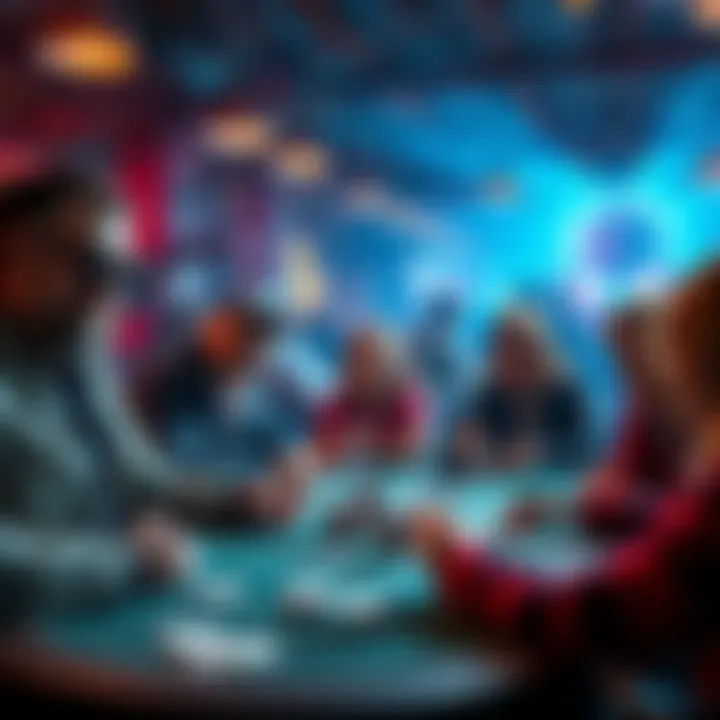 A lively poker game scene featuring friends playing cards with a matchmaking twist, showcasing excitement and fun at the Poker Night event.