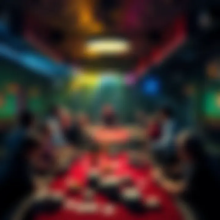 A vibrant scene with people gathered around poker tables, playing cards and enjoying snacks as Poker Night at the Inventory reopens.