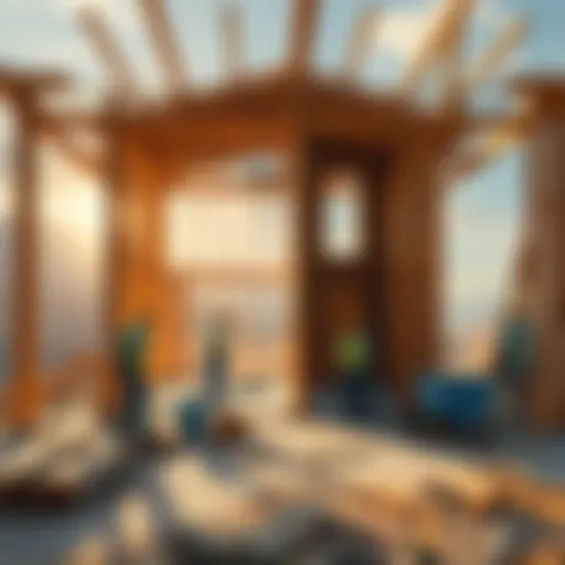 A construction site showing the frame of a house in Pokopia, with workers and tools around