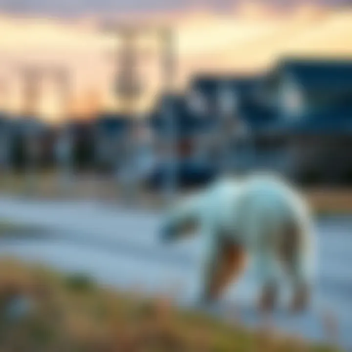 A polar bear walking through a suburban area in Arlington, Texas, with houses in the background