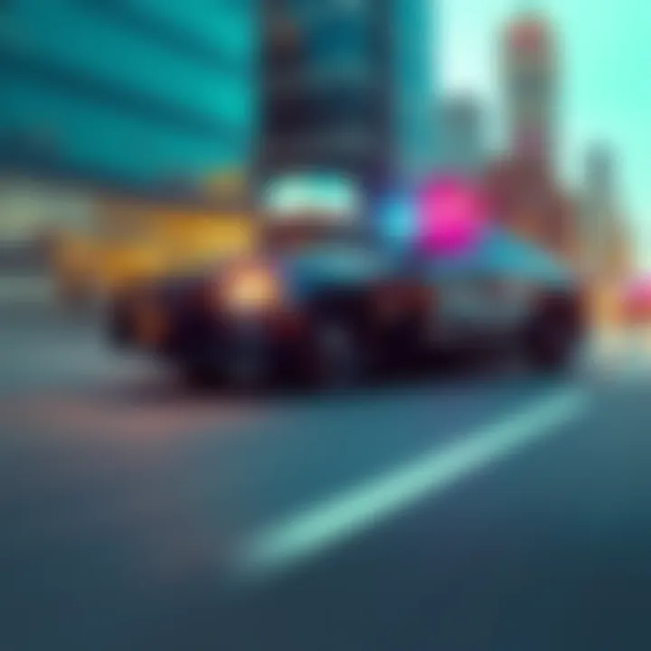 A police car speeds through city streets during a high-speed chase with a suspect vehicle.