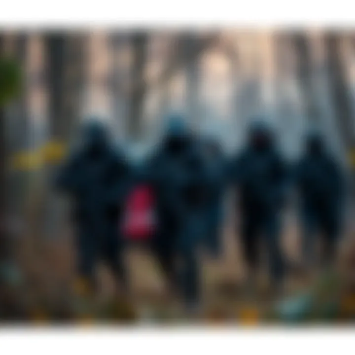 A group of police officers in tactical gear searching a wooded area for a fugitive