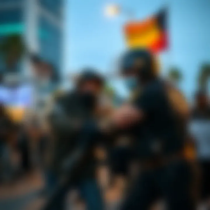 A police officer pushing a protester named Hasan during ICE protests in Los Angeles, capturing a tense moment among the crowd.