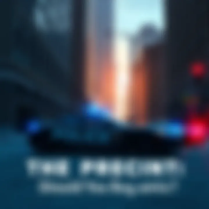 A police car parked on a city street with tall buildings in the background, representing the game's crime and police theme