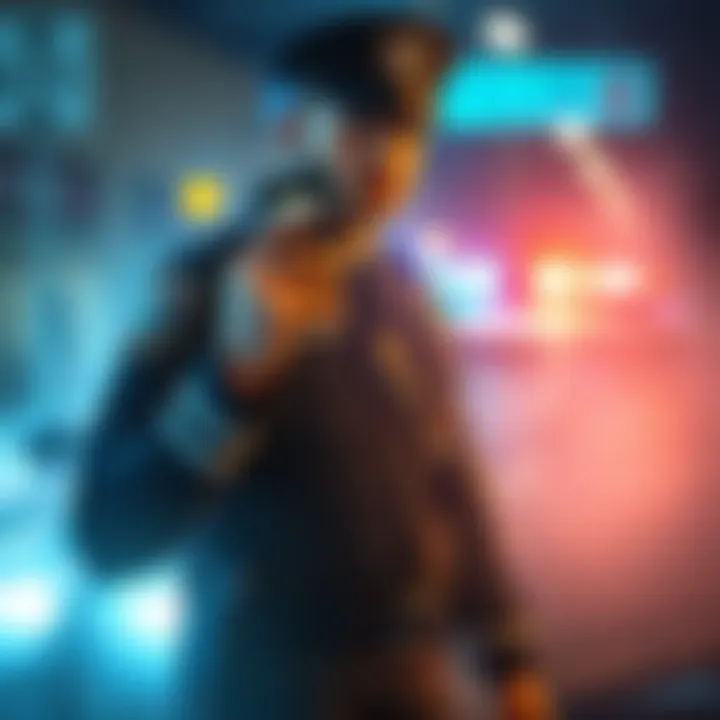 A police officer in a tactical uniform holds a radio while standing in front of a police car with flashing lights, ready for a mission.