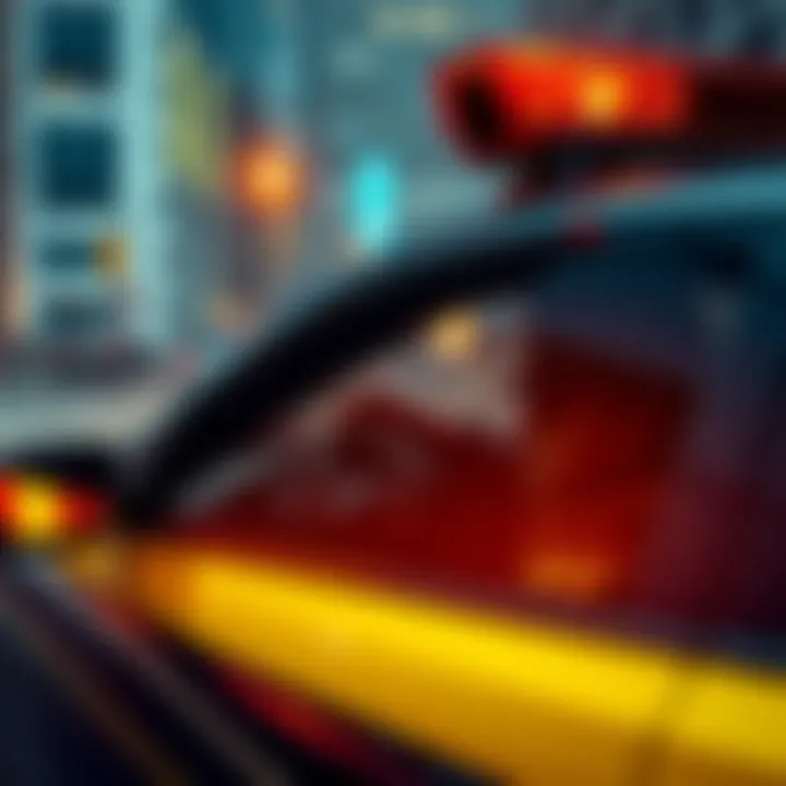A police officer in a patrol car, responding to a call in an urban environment, showcasing realistic policing scenarios.