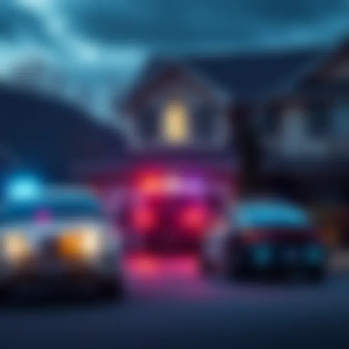 Authorities conducting a raid at a suburban house, with police vehicles and officers visible.