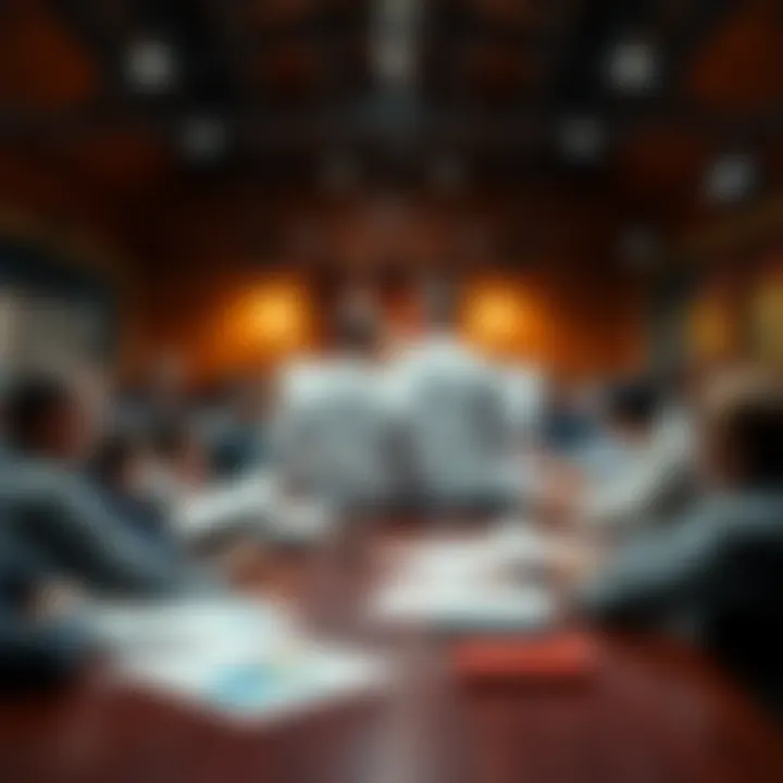 A city council meeting where community members discuss new policy changes, with charts and documents on the table.