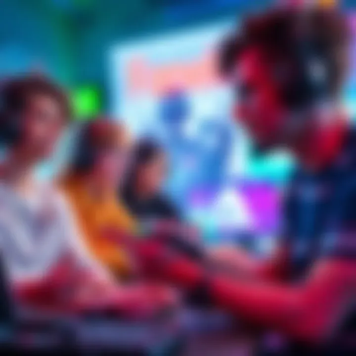 A diverse group of gamers communicating positively through headsets while playing online, with a friendly atmosphere in a virtual setting