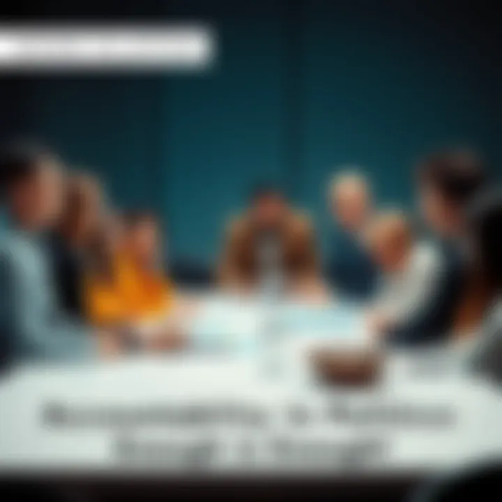 A group of diverse people discussing issues related to political accountability around a table with papers and charts.