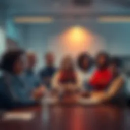 A group of diverse political leaders discussing strategies for upcoming elections in a meeting room, looking determined and focused on community impact.
