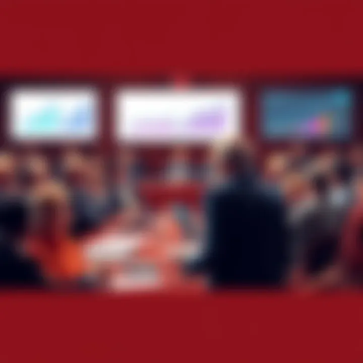 Political Changes in Action Politicians discussing changes in a crowded meeting room, with charts showing data trends in the background.