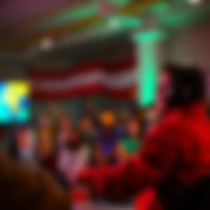 A politics streamer passionately discusses democracy with a diverse audience online, emphasizing freedom for all people in a vibrant setting.