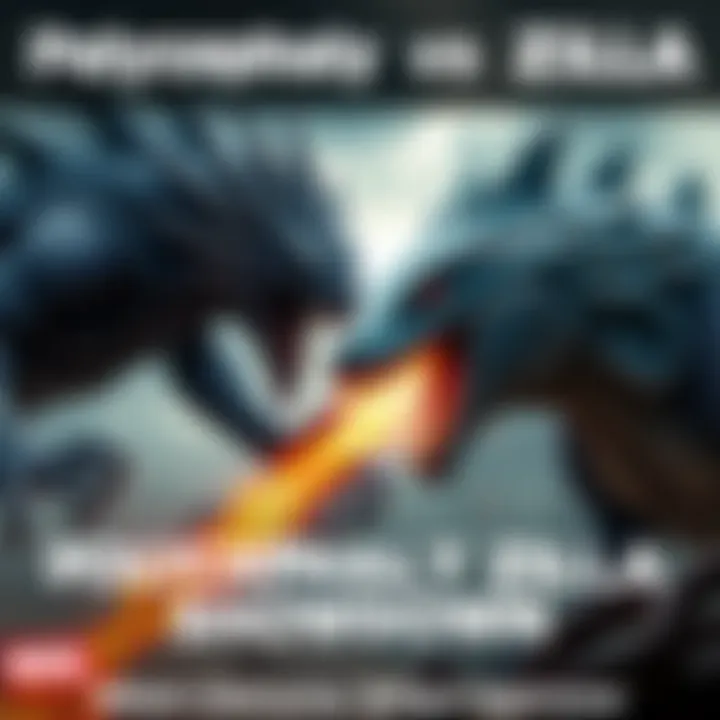 A fierce battle scene depicting Polycephaly, a multi-headed creature, facing off against Zilla, a massive lizard-like monster, in an intense environment.