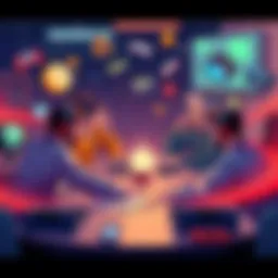 Illustration of game developers brainstorming new ideas and collaborating on video games, with various gaming elements around them.