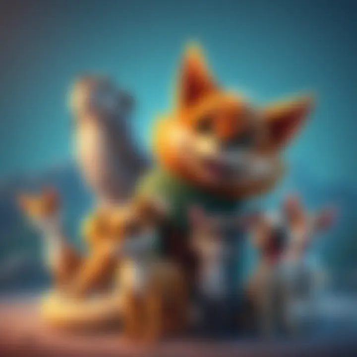 Pookie with a Giant Kandal and Strays An illustration showing Pookie next to a large Kandal and several cute stray animals