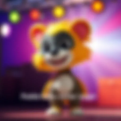 A playful character named Pookie, featuring bright colors and a cheerful expression, standing in the spotlight against a vibrant background.