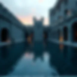 A tranquil pool surrounded by stone walls in Stormveil Castle, reflecting the castle's architecture and atmosphere.