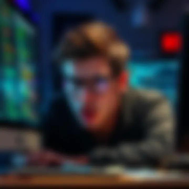 A frustrated developer looks at messy code on a computer screen, highlighting problems in AI contributions for the Godot game engine.