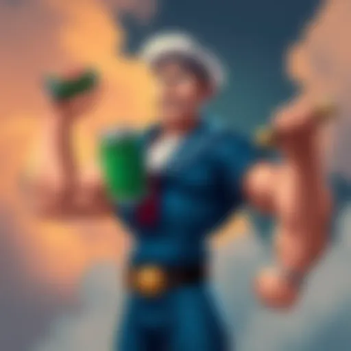 Popeye The Sailor Titan flexing his muscles with a can of spinach in hand, showcasing his iconic look with a sailor outfit and strong build.