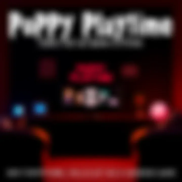 A dark room with a computer screen showing Poppy Playtime, featuring childish characters and bright colors contrasting the horror theme.