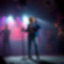 A vibrant popstar character with a microphone stands confidently on stage in a dimly lit, Lovecraftian-themed D&D setting, surrounded by eerie shadows and intrigued party members.