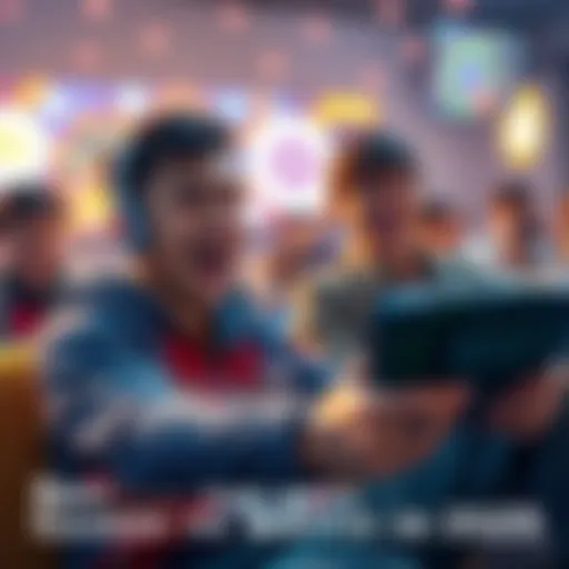 A gamer excitedly playing a top game on a modern console, surrounded by vibrant graphics and joyful expressions.