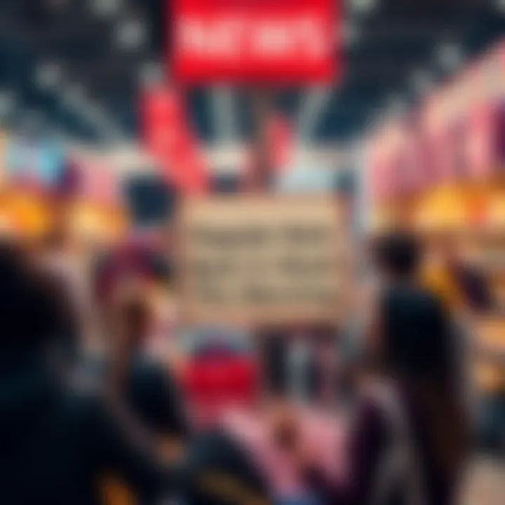 A popular item on display with a sign stating it's back in stock, surrounded by excited shoppers.