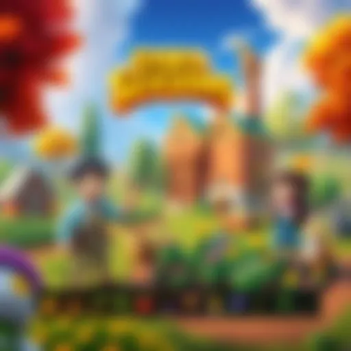 A colorful scene featuring characters farming, planting crops, and interacting in a lively village from Story of Seasons games