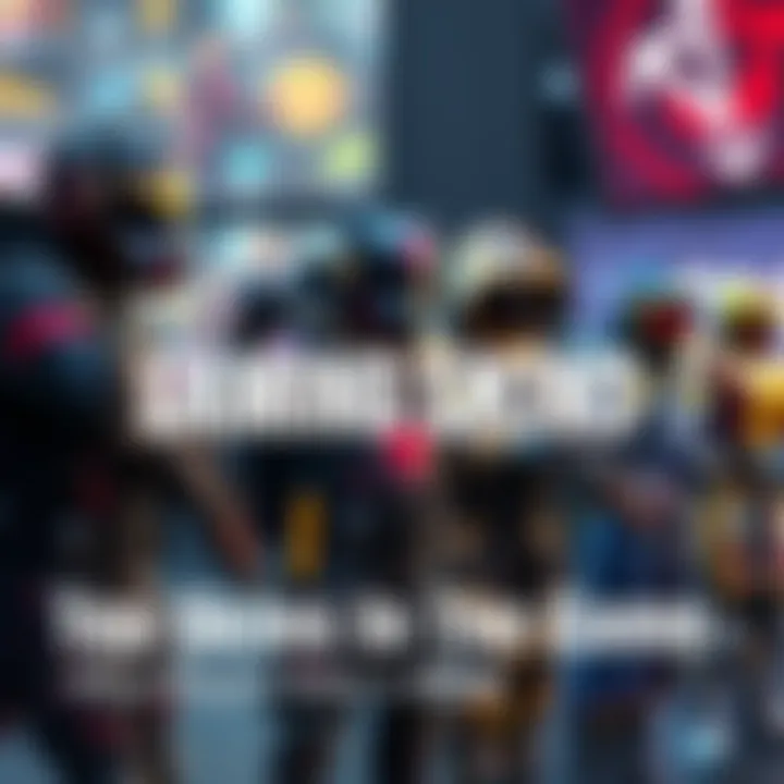 A colorful selection of popular gaming skins displayed on characters in a game environment.