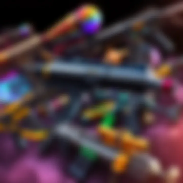 A collage of favorite skin and weapon combinations featuring vibrant colors and unique designs